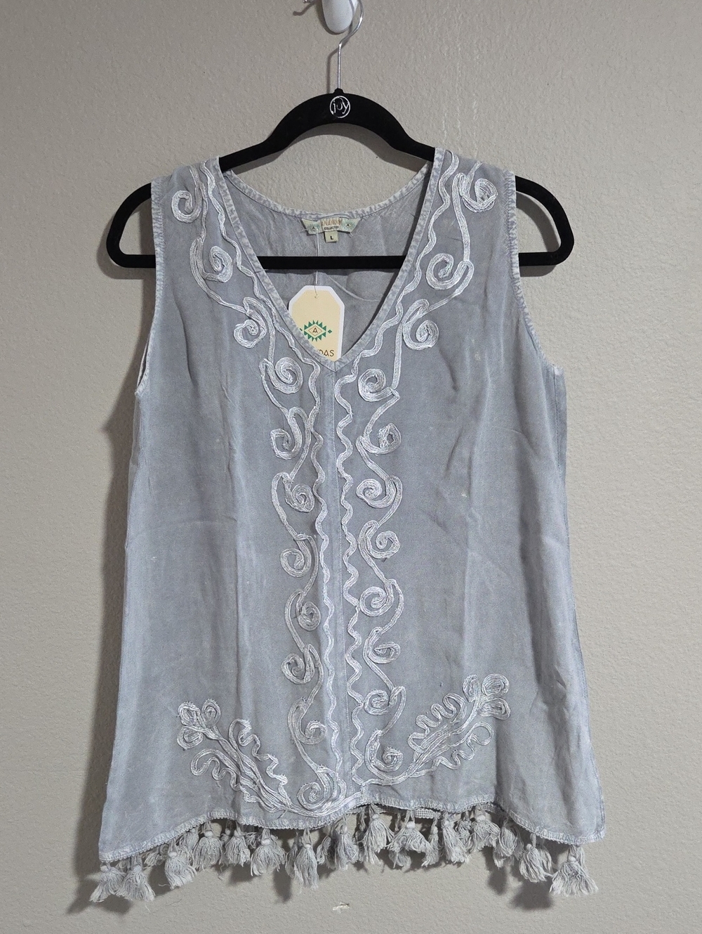 Women's Light Gray Embroidered Tassel Tank Top